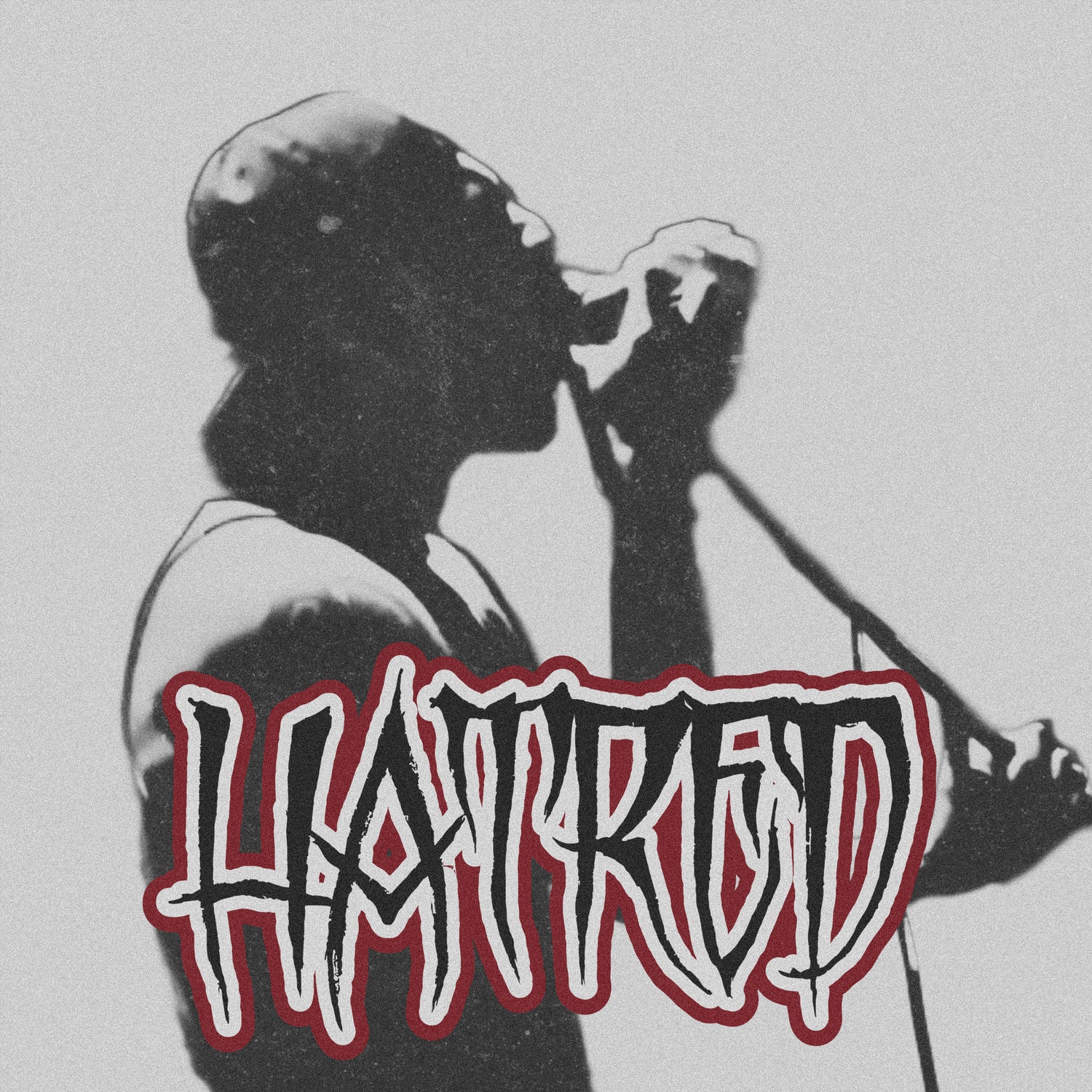 Enjoiska Hatred Album Artwork with the word Hatred over a background of a singer aggressively screaming.
